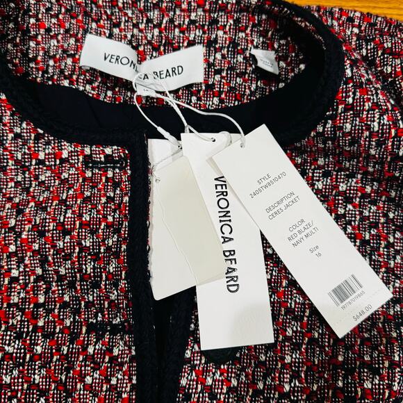 Veronica Beard Ceres Metallic Cotton Blend Tweed Jacket Red Blaze/Navy Multi 16 - Picture 4 of 11